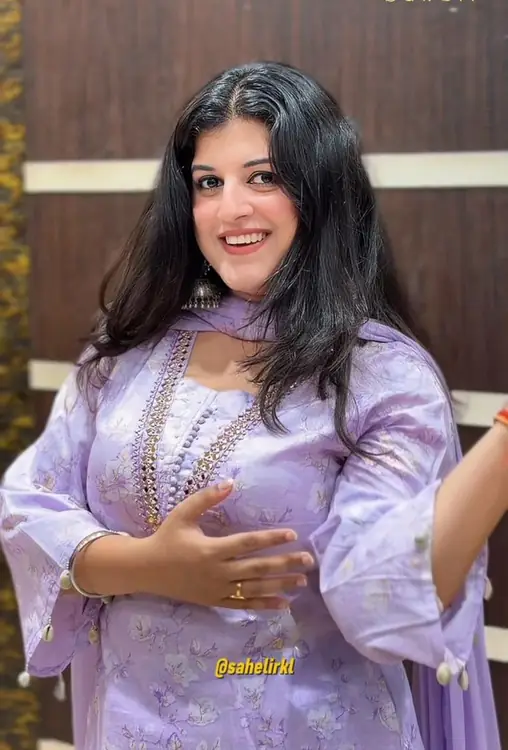Lavender cotton suit with mirror and shell work